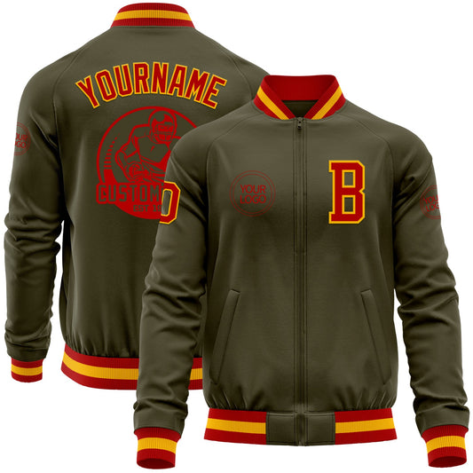 Custom Olive Red-Gold Bomber Varsity Letterman Salute To Service Zipper Jacket - Main View