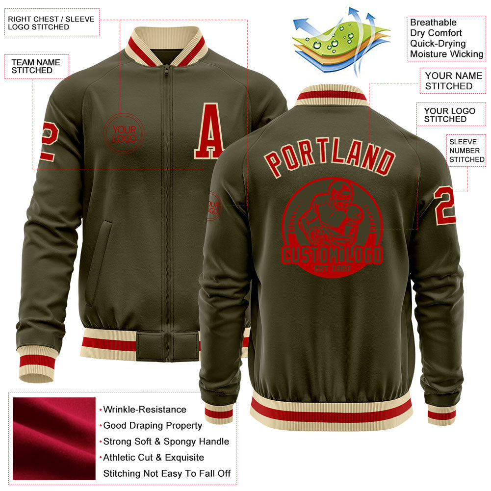 Custom Olive Red-Cream Bomber Varsity Letterman Salute To Service Zipper Jacket view 4
