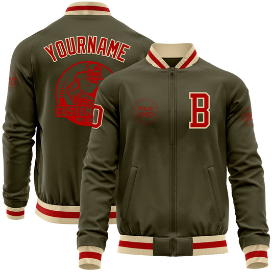 Custom Olive Red-Cream Bomber Varsity Letterman Salute To Service Zipper Jacket - Main View
