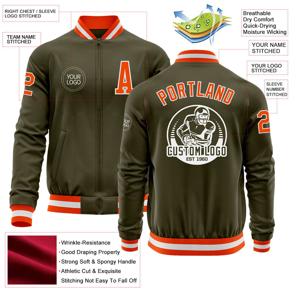 Custom Olive Orange-White Bomber Varsity Letterman Salute To Service Zipper Jacket view 4