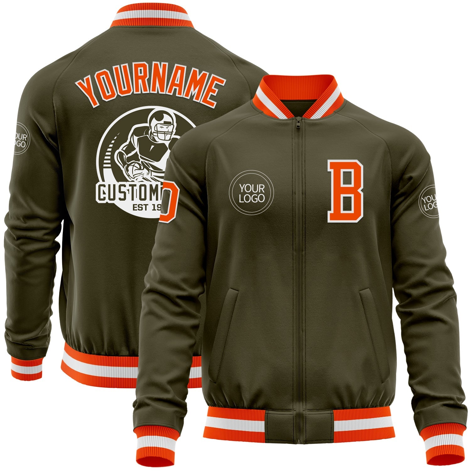 Custom Olive Orange-White Bomber Varsity Letterman Salute To Service Zipper Jacket - Main View