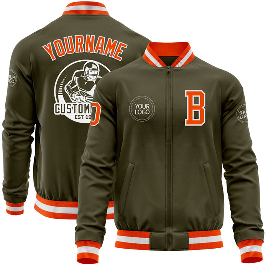 Custom Olive Orange-White Bomber Varsity Letterman Salute To Service Zipper Jacket - Main View