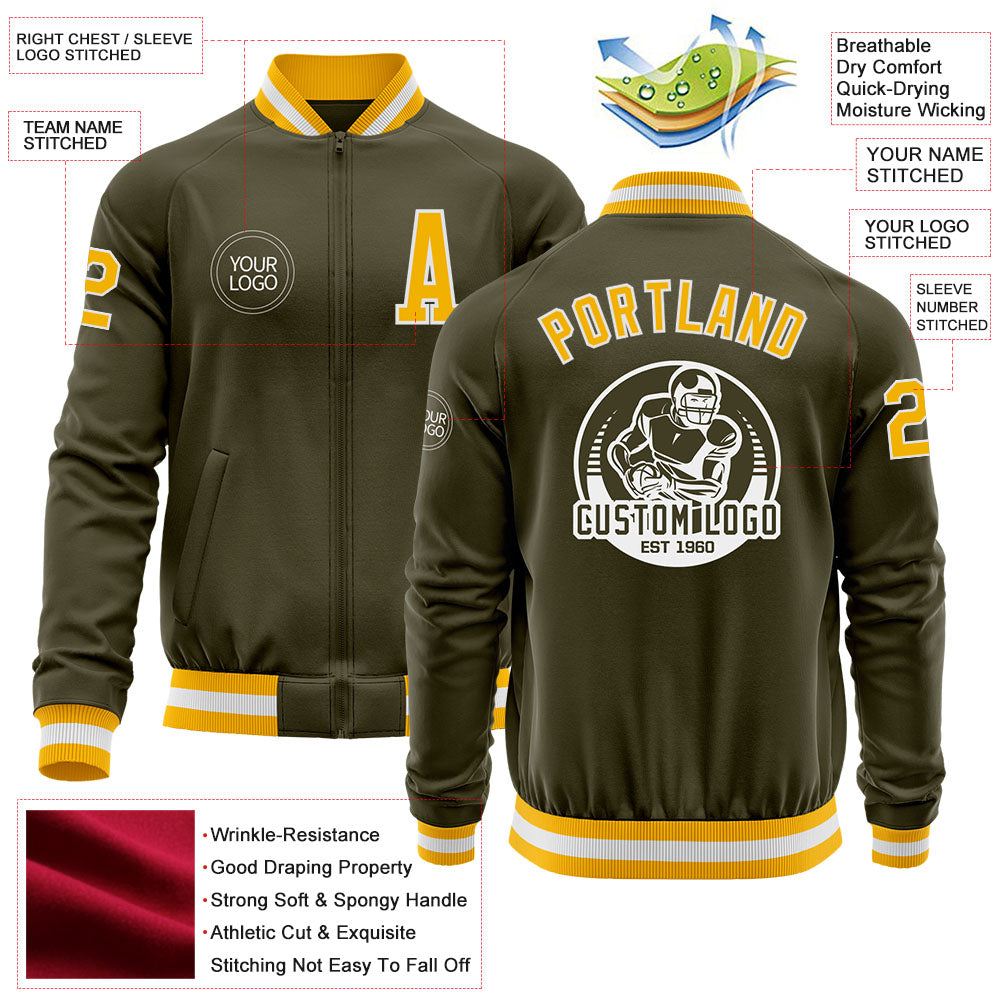 Custom Olive Gold-White Bomber Varsity Letterman Salute To Service Zipper Jacket view 4