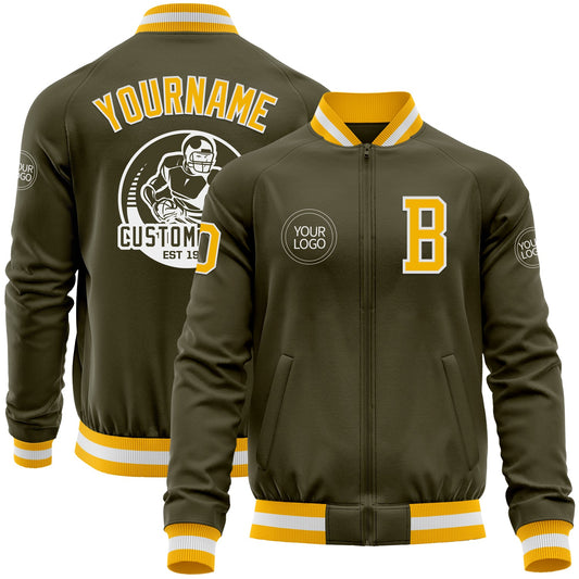 Custom Olive Gold-White Bomber Varsity Letterman Salute To Service Zipper Jacket - Main View