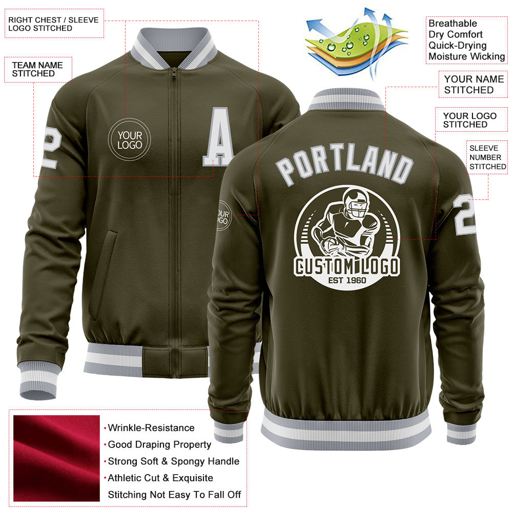 Custom Olive White-Gray Bomber Varsity Letterman Salute To Service Zipper Jacket view 4