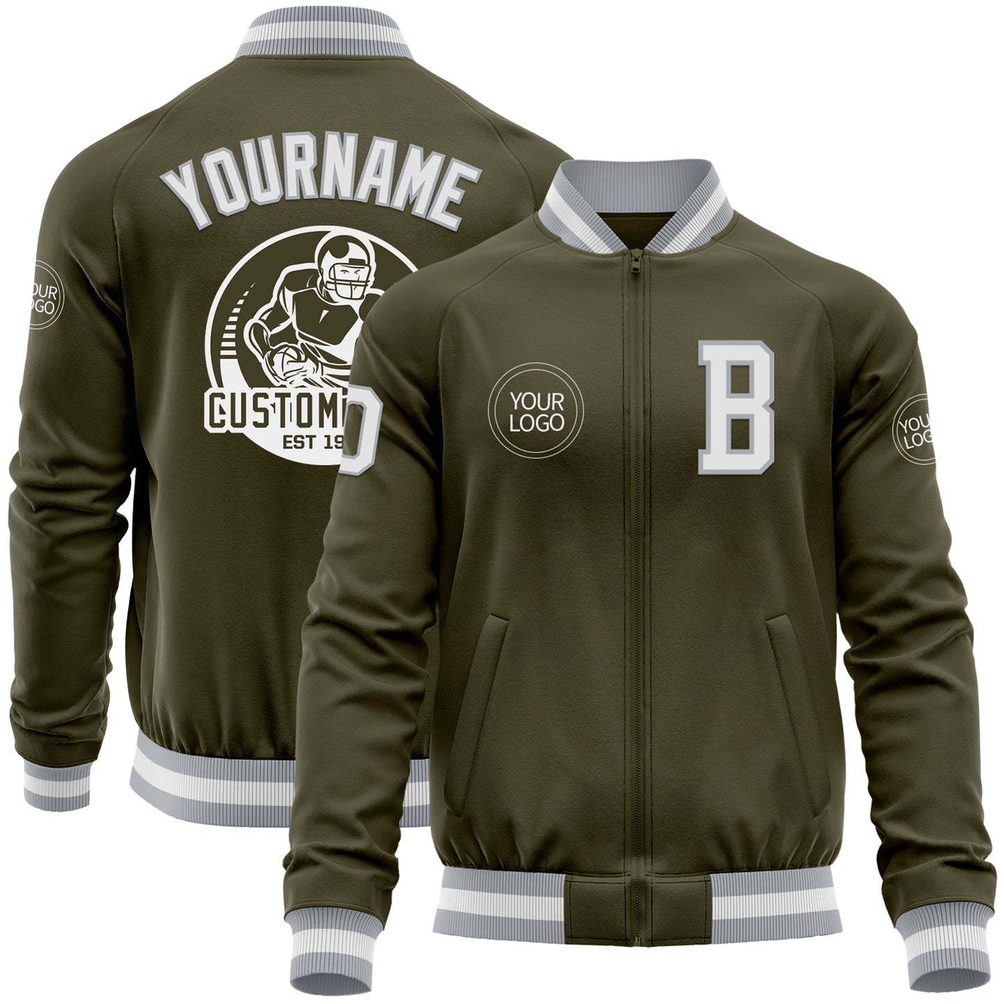Custom Olive White-Gray Bomber Varsity Letterman Salute To Service Zipper Jacket - Main View