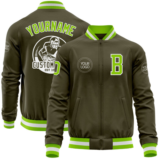 Custom Olive Neon Green-White Bomber Varsity Letterman Salute To Service Zipper Jacket - Main View