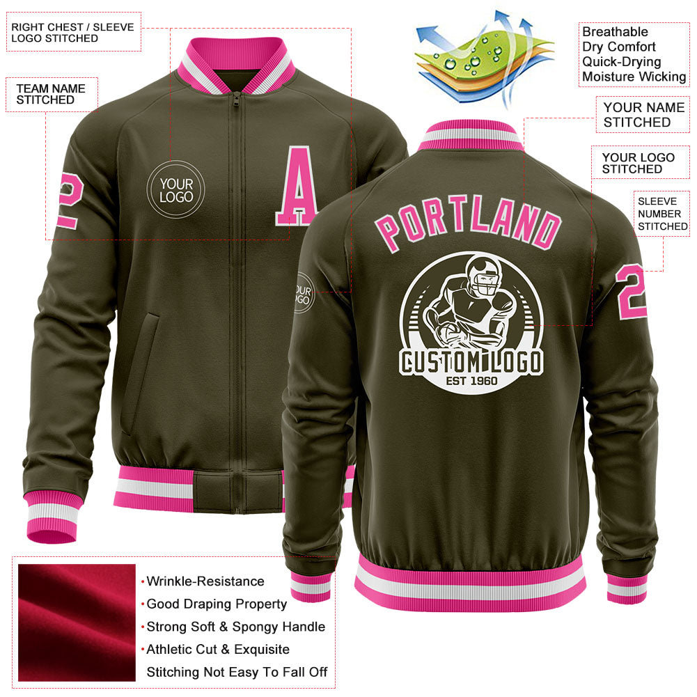 Custom Olive Pink-White Bomber Varsity Letterman Salute To Service Zipper Jacket view 4