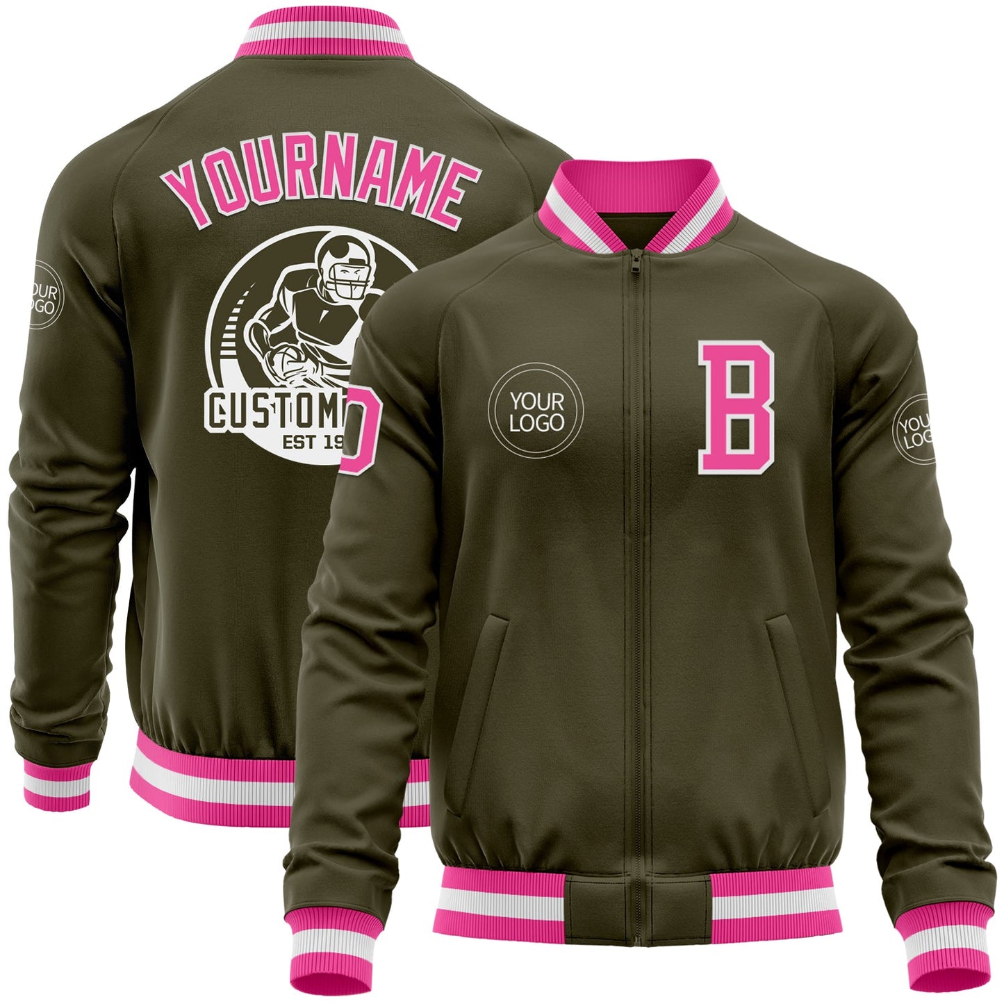 Custom Olive Pink-White Bomber Varsity Letterman Salute To Service Zipper Jacket - Main View