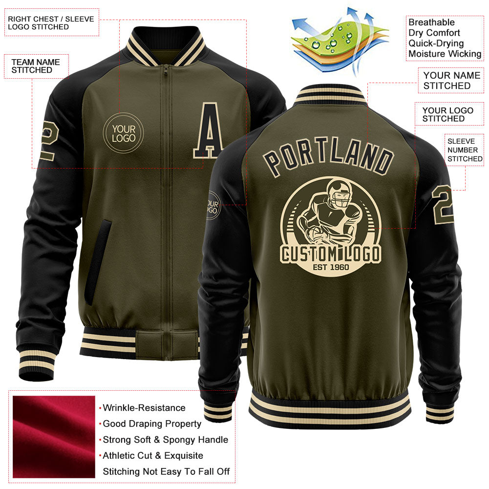 Custom Olive Black-Cream Bomber Varsity Letterman Two Tone Salute To Service Zipper Jacket view 4
