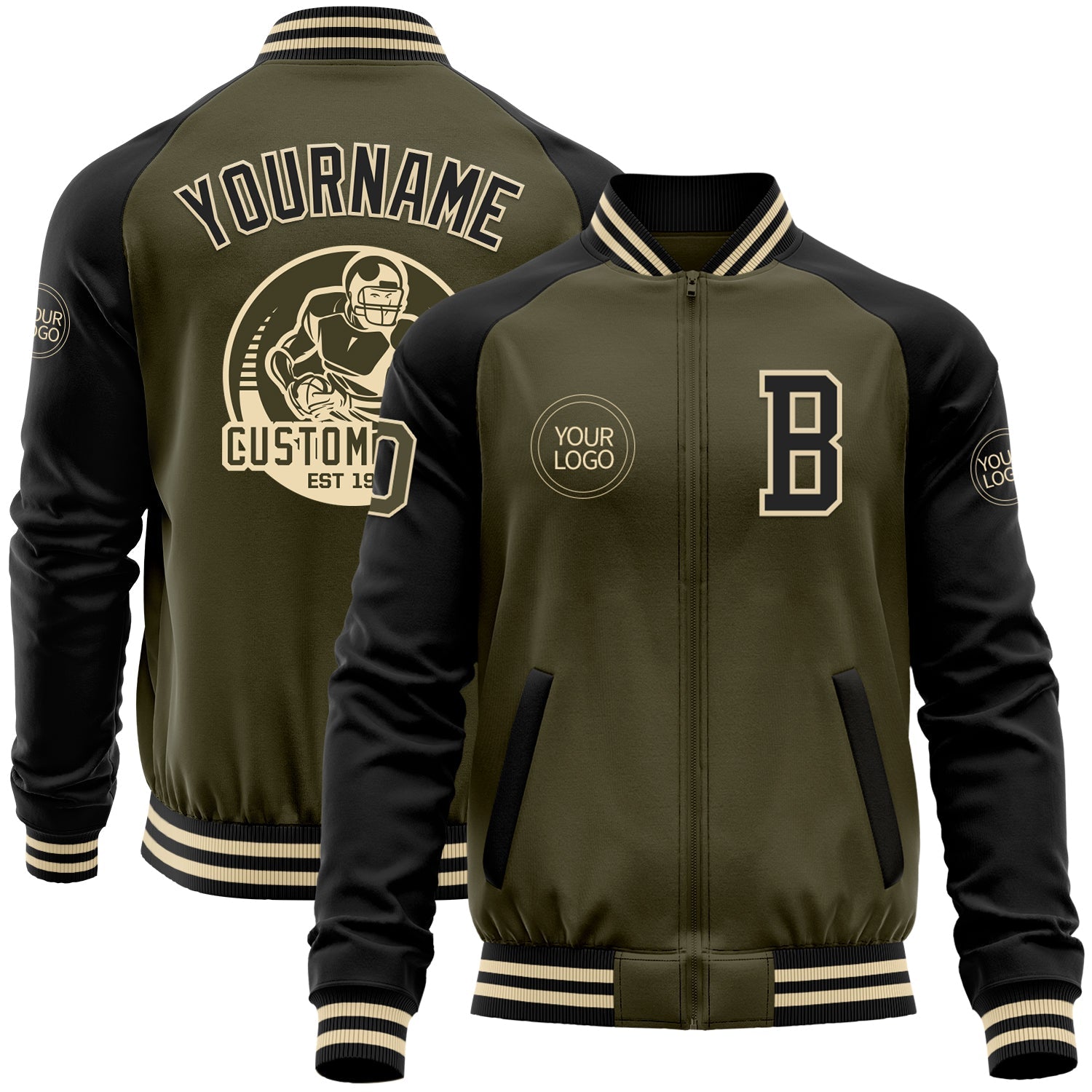 Custom Olive Black-Cream Bomber Varsity Letterman Two Tone Salute To Service Zipper Jacket - Main View