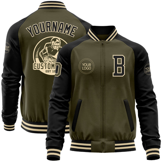 Custom Olive Black-Cream Bomber Varsity Letterman Two Tone Salute To Service Zipper Jacket - Main View