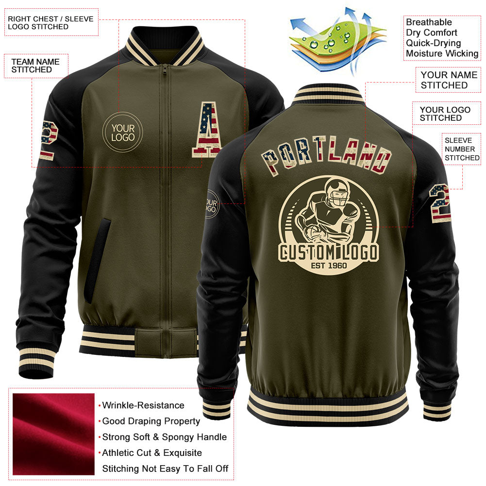 Custom Olive Vintage USA Flag Black-Cream Bomber Varsity Letterman Two Tone Salute To Service Zipper Jacket view 4
