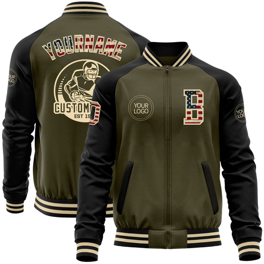 Custom Olive Vintage USA Flag Black-Cream Bomber Varsity Letterman Two Tone Salute To Service Zipper Jacket - Main View