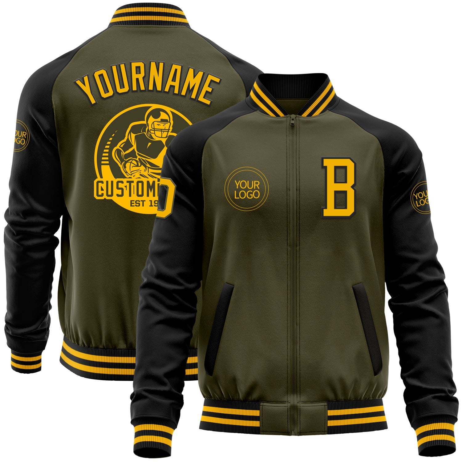 Custom Olive Gold-Black Bomber Varsity Letterman Two Tone Salute To Service Zipper Jacket - Main View