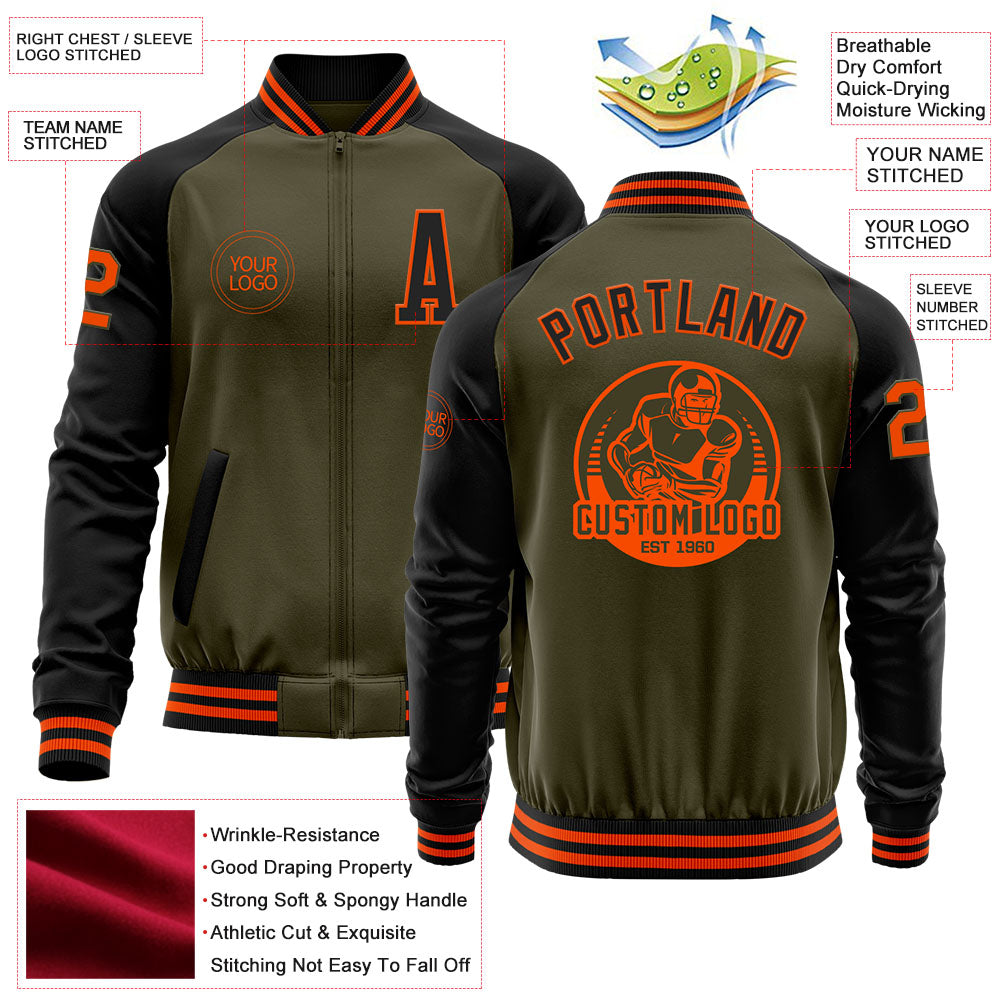Custom Olive Orange-Black Bomber Varsity Letterman Two Tone Salute To Service Zipper Jacket view 4