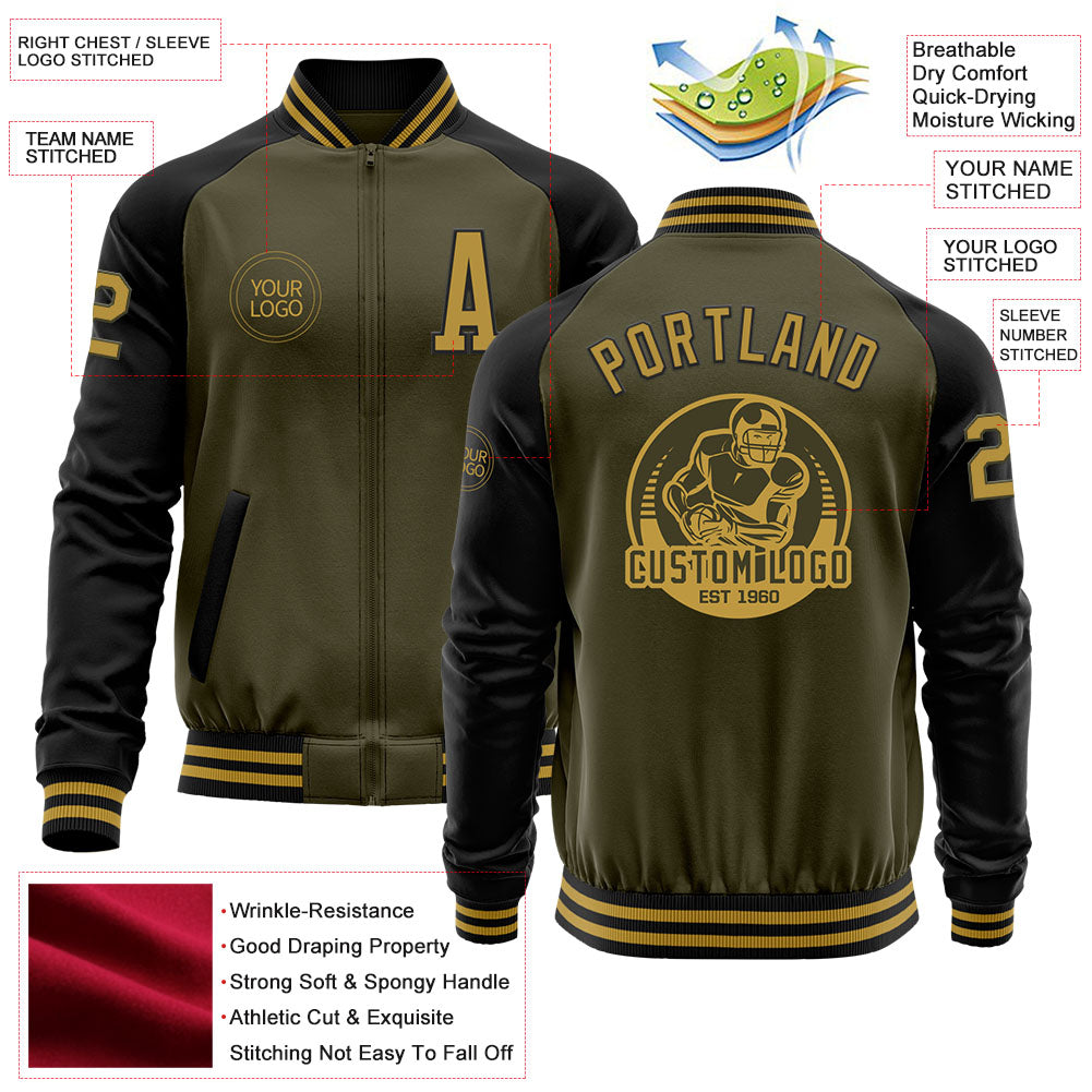 Custom Olive Old Gold-Black Bomber Varsity Letterman Two Tone Salute To Service Zipper Jacket view 4