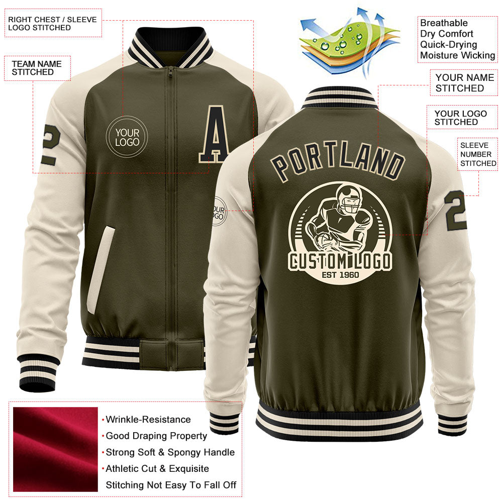 Custom Olive Black-Cream Bomber Varsity Letterman Two Tone Salute To Service Zipper Jacket view 4