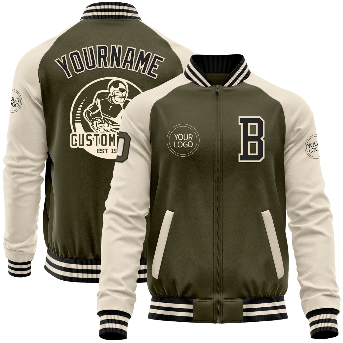 Custom Olive Black-Cream Bomber Varsity Letterman Two Tone Salute To Service Zipper Jacket - Main View