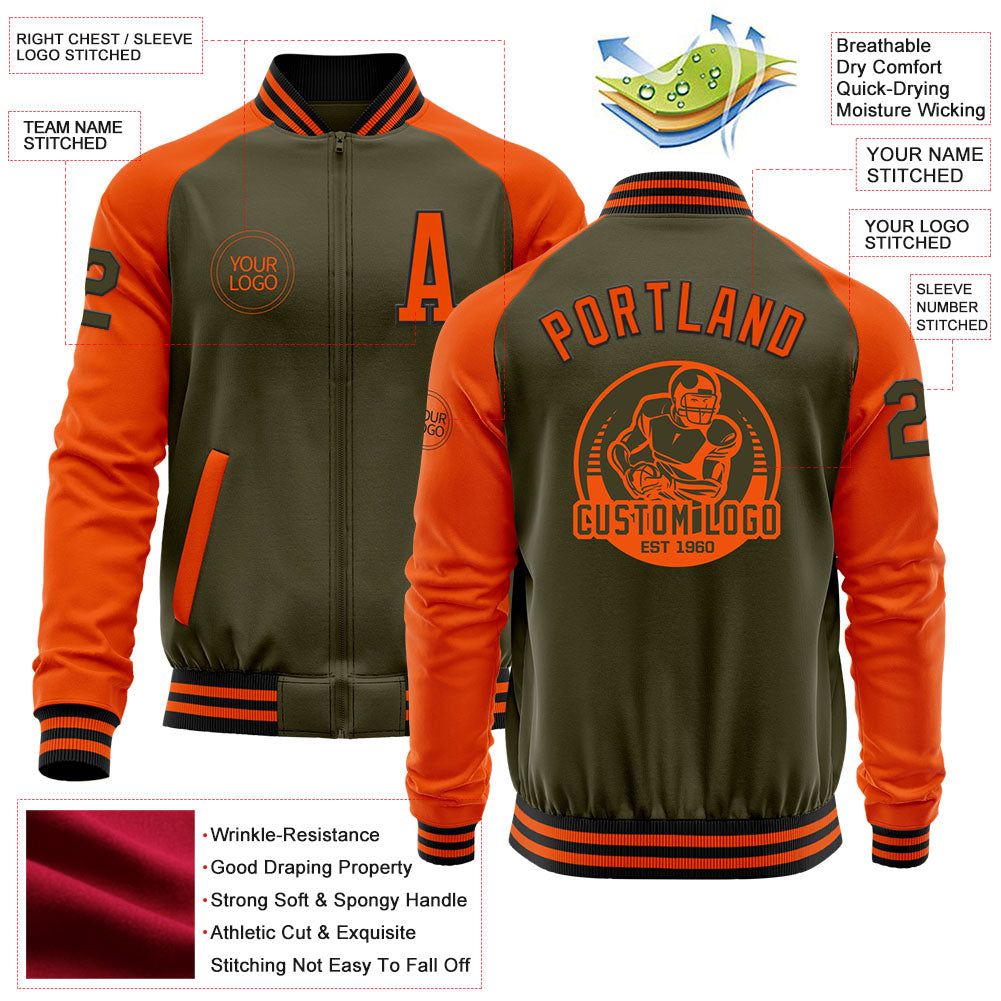 Custom Olive Black-Orange Bomber Varsity Letterman Two Tone Salute To Service Zipper Jacket view 4