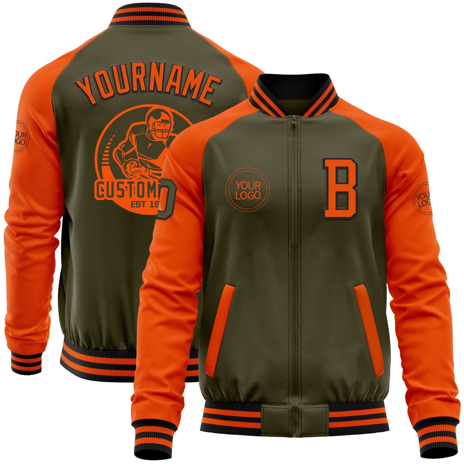 Custom Olive Black-Orange Bomber Varsity Letterman Two Tone Salute To Service Zipper Jacket - Main View