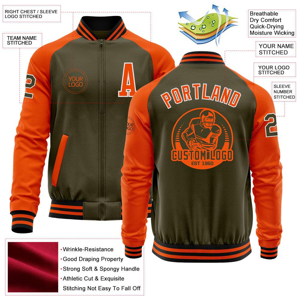 Custom Olive White-Orange Bomber Varsity Letterman Two Tone Salute To Service Zipper Jacket view 4