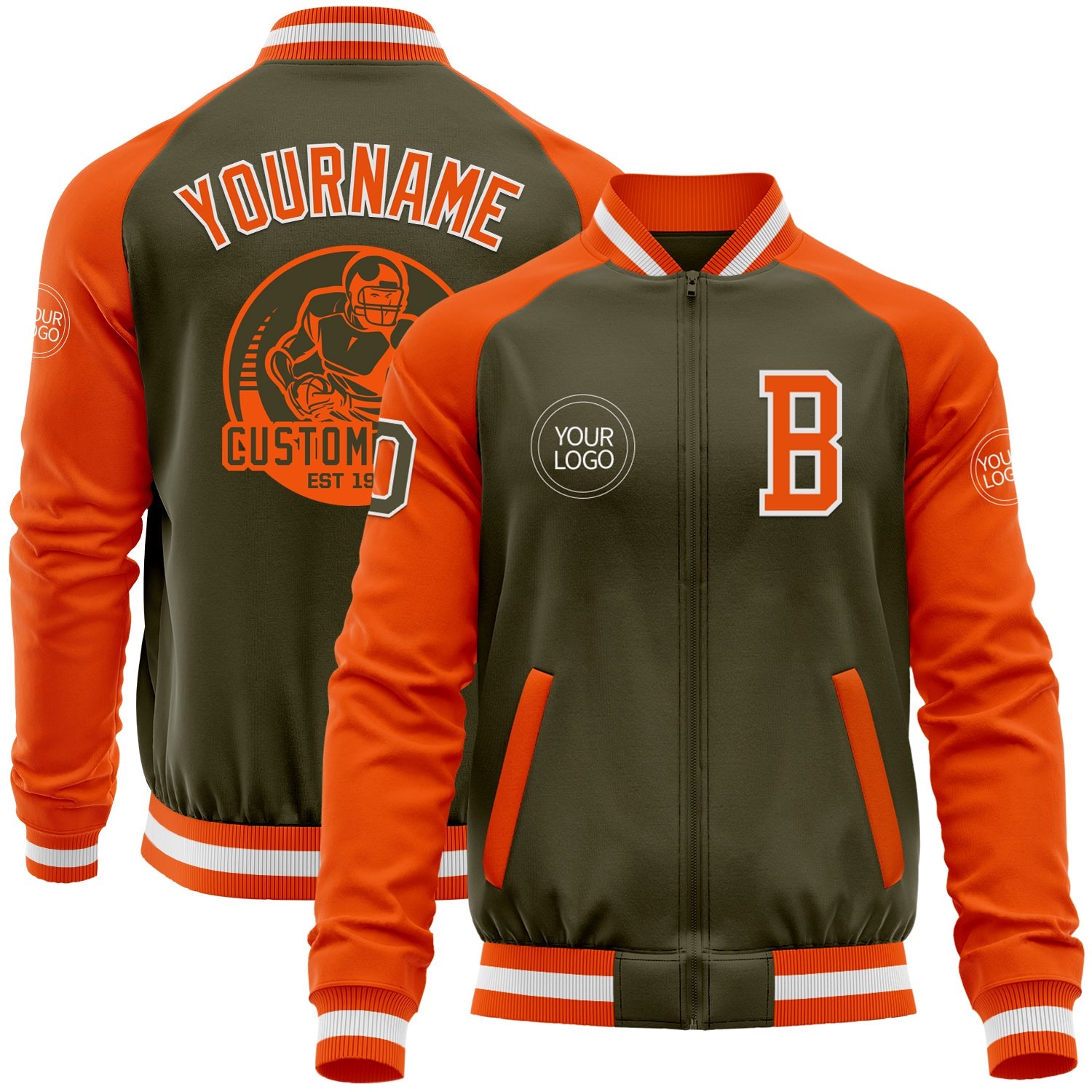 Custom Olive White-Orange Bomber Varsity Letterman Two Tone Salute To Service Zipper Jacket - Main View