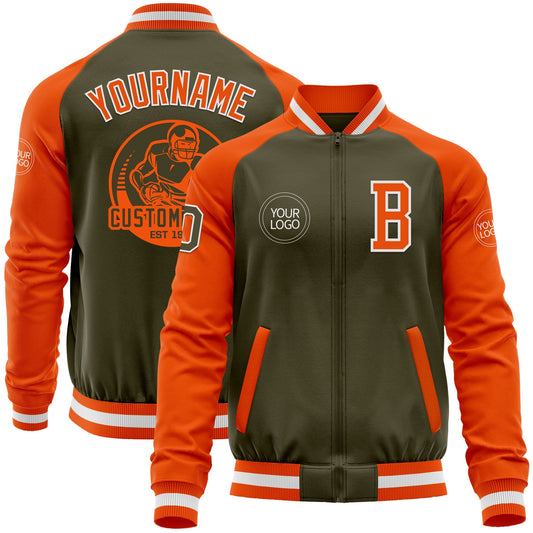 Custom Olive White-Orange Bomber Varsity Letterman Two Tone Salute To Service Zipper Jacket - Main View