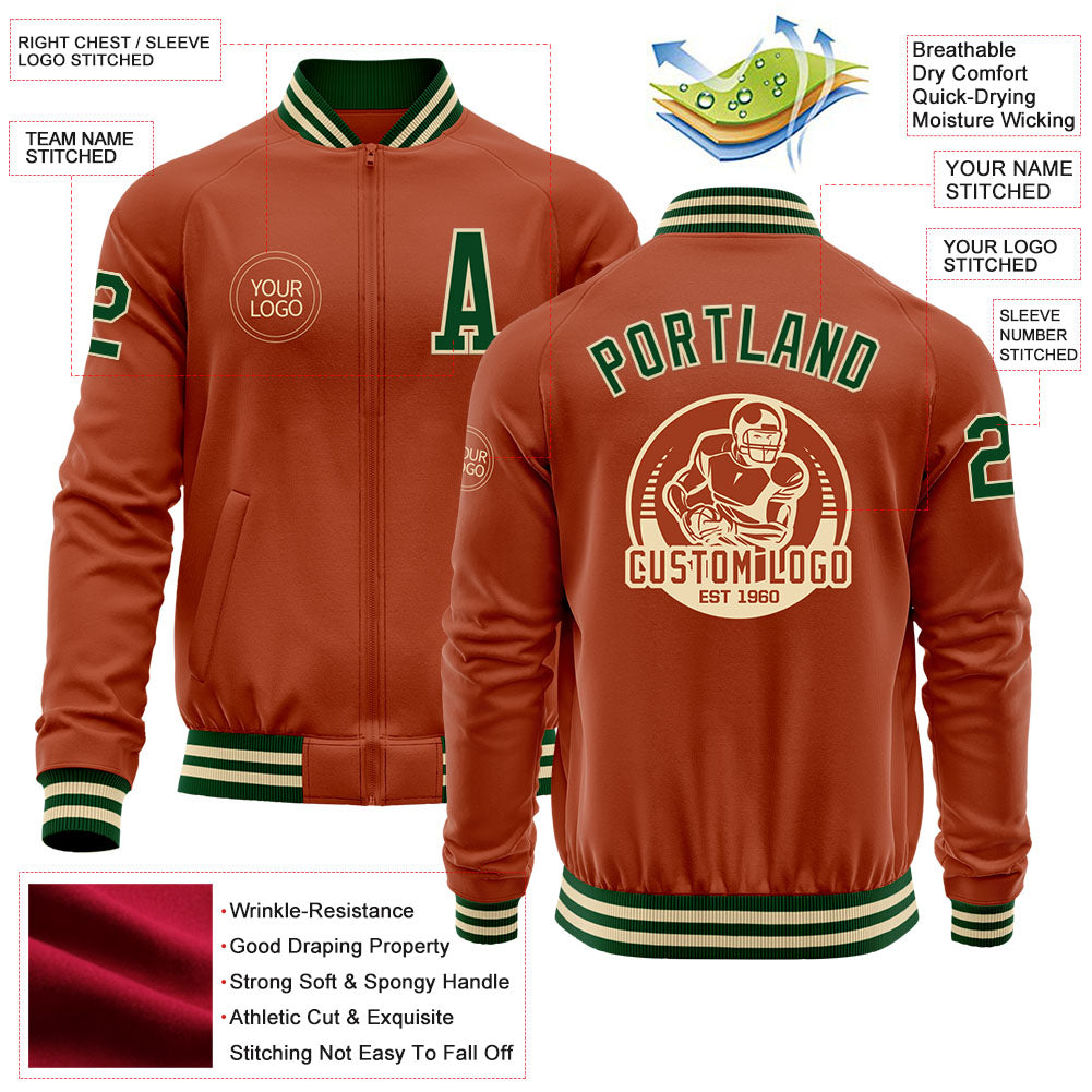 Custom Texas Orange Green-Cream Bomber Varsity Letterman Zipper Jacket view 4