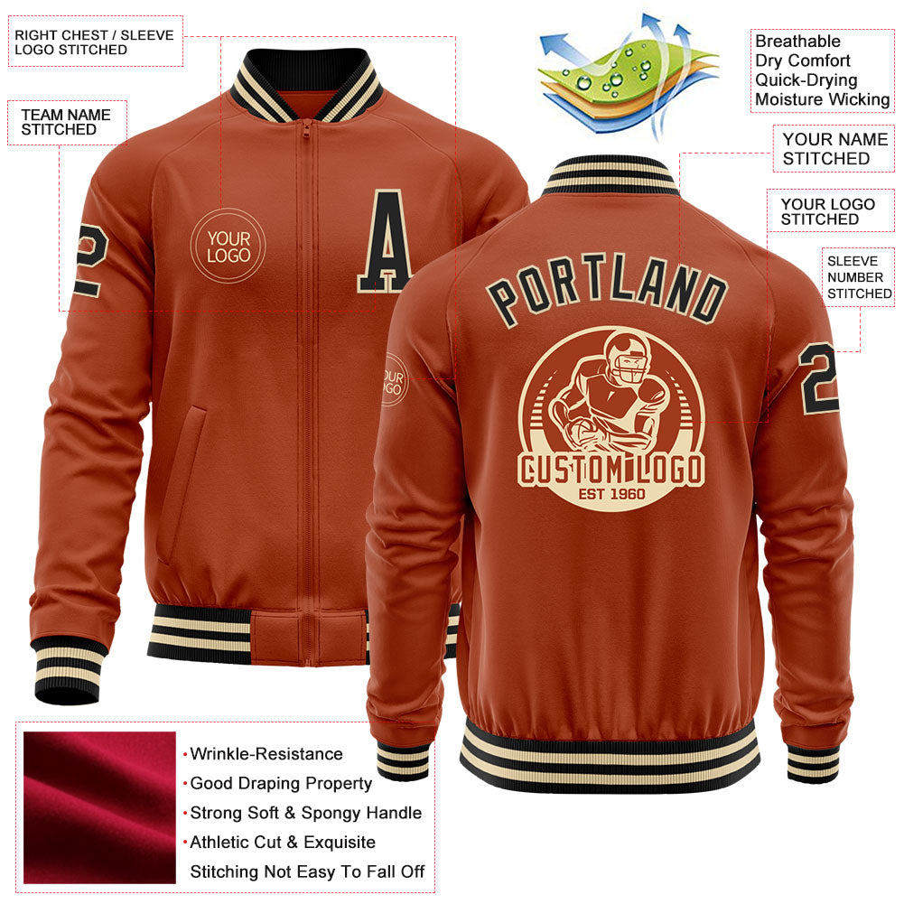 Custom Texas Orange Black-Cream Bomber Varsity Letterman Zipper Jacket view 4