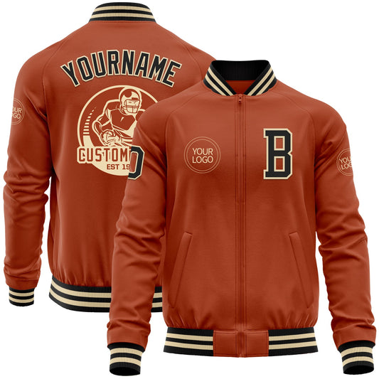 Custom Texas Orange Black-Cream Bomber Varsity Letterman Zipper Jacket - Main View