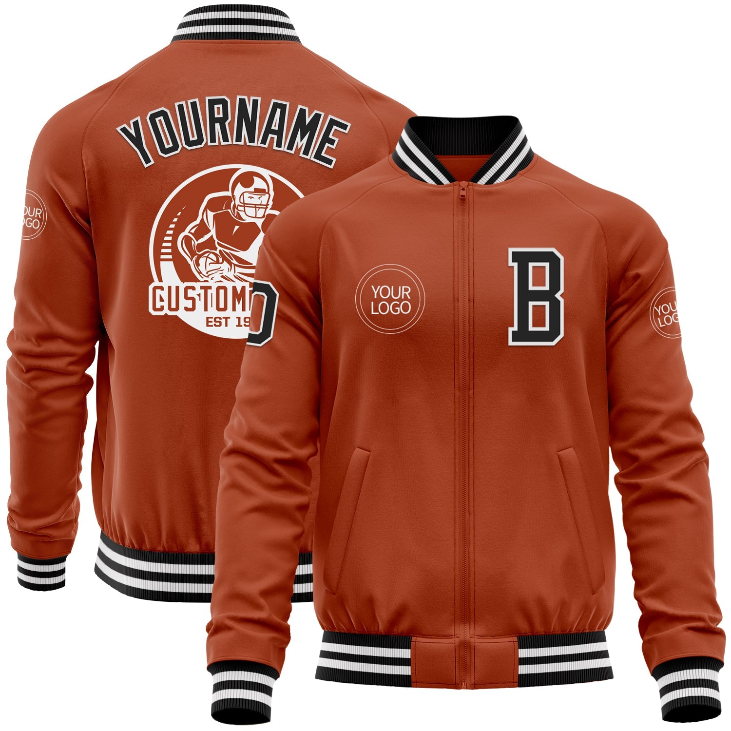 Custom Texas Orange Black-White Bomber Varsity Letterman Zipper Jacket - Main View
