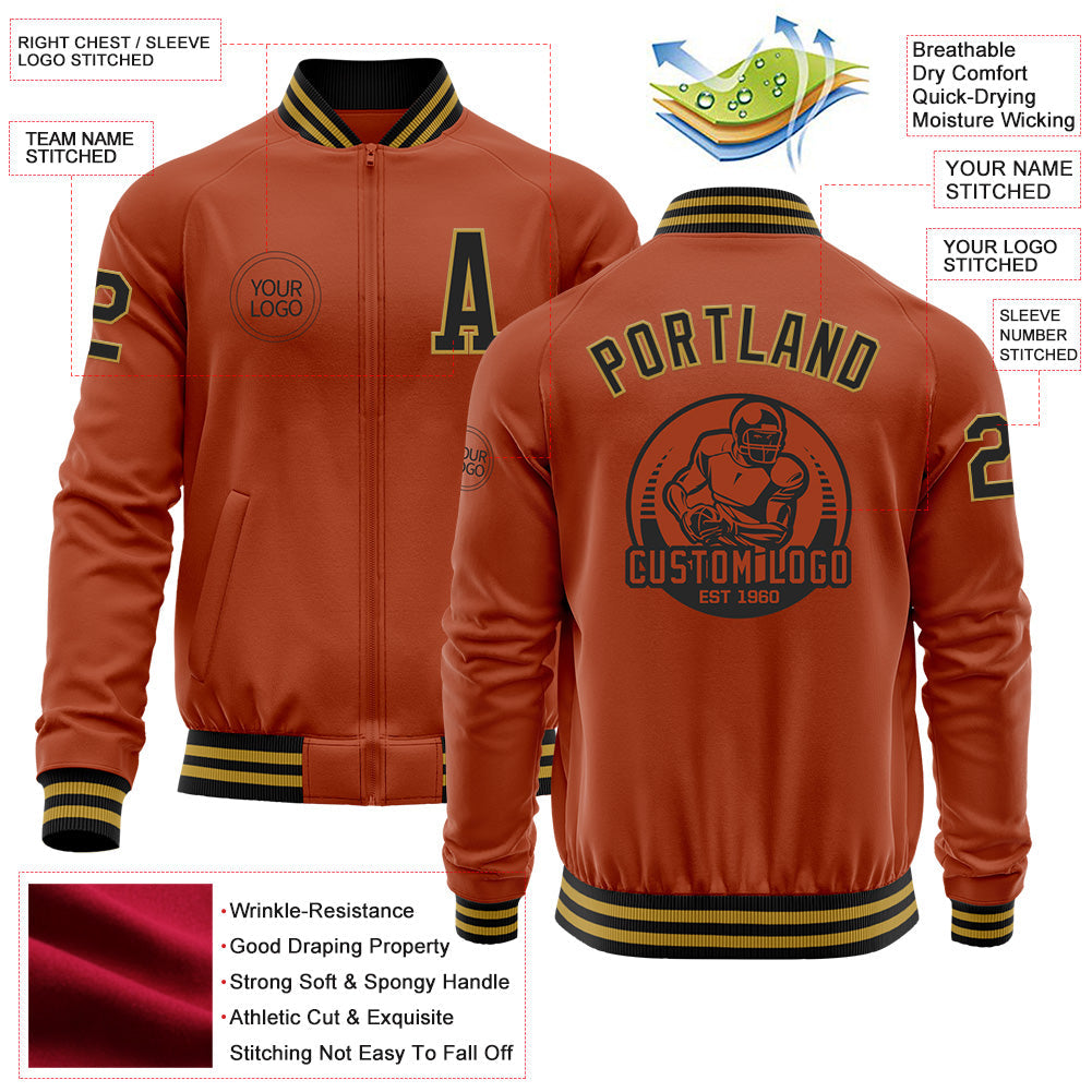 Custom Texas Orange Black-Old Gold Bomber Varsity Letterman Zipper Jacket view 4