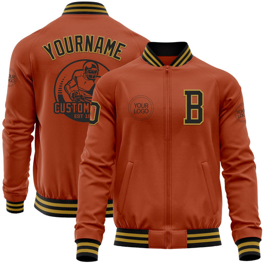 Custom Texas Orange Black-Old Gold Bomber Varsity Letterman Zipper Jacket - Main View