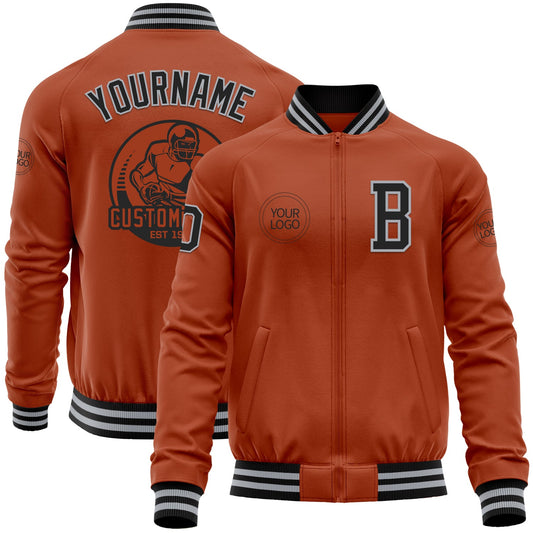 Custom Texas Orange Black-Gray Bomber Varsity Letterman Zipper Jacket - Main View