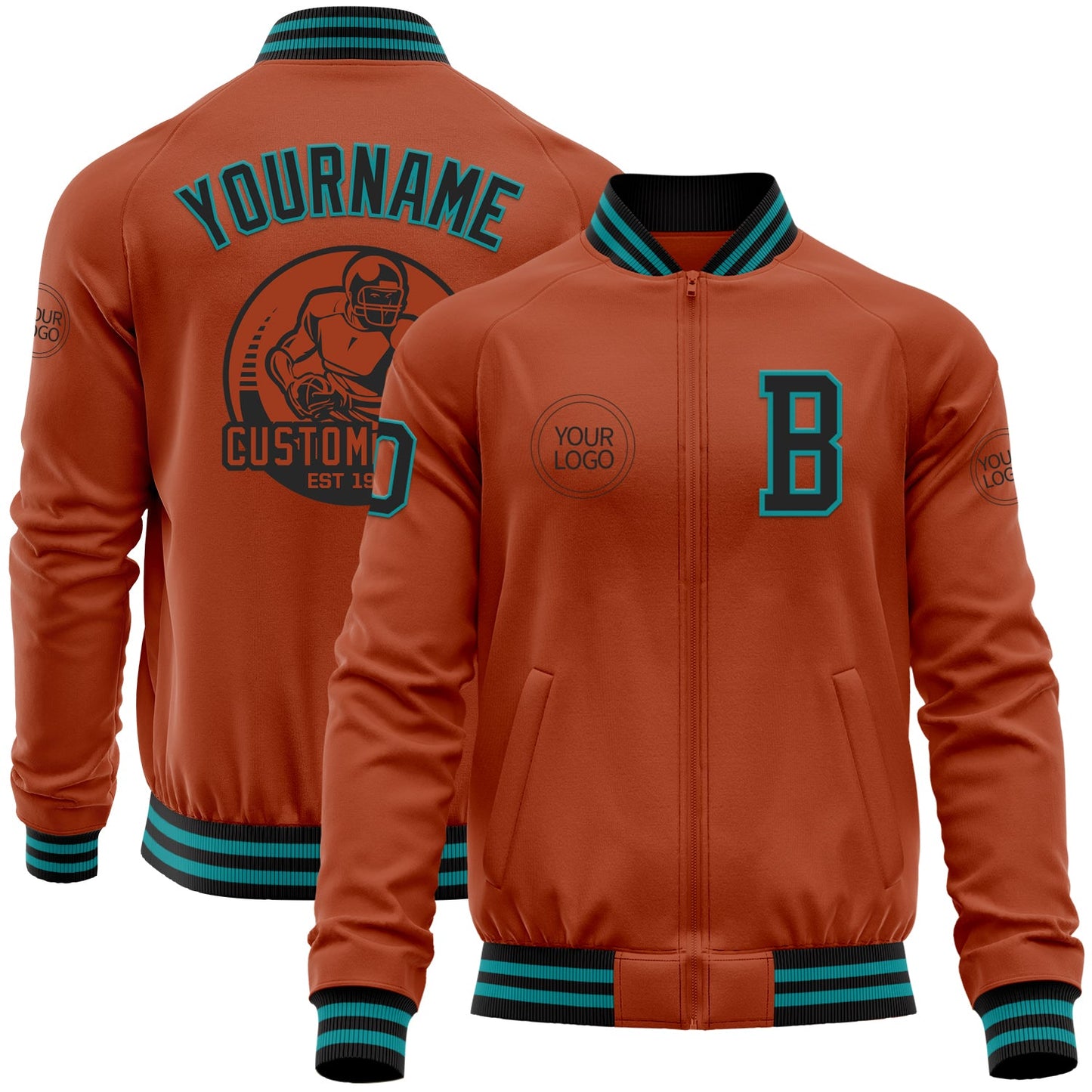 Custom Texas Orange Black-Teal Bomber Varsity Letterman Zipper Jacket - Main View