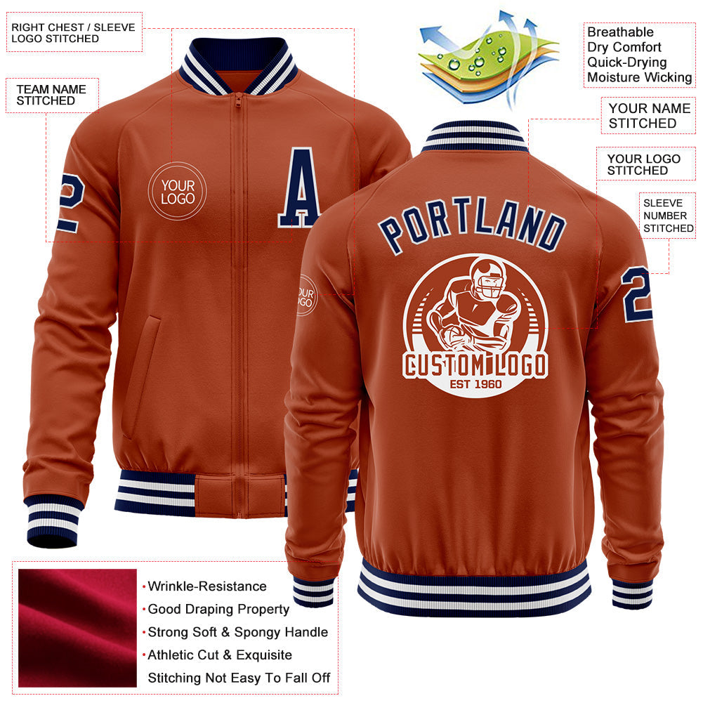 Custom Texas Orange Navy-White Bomber Varsity Letterman Zipper Jacket view 4