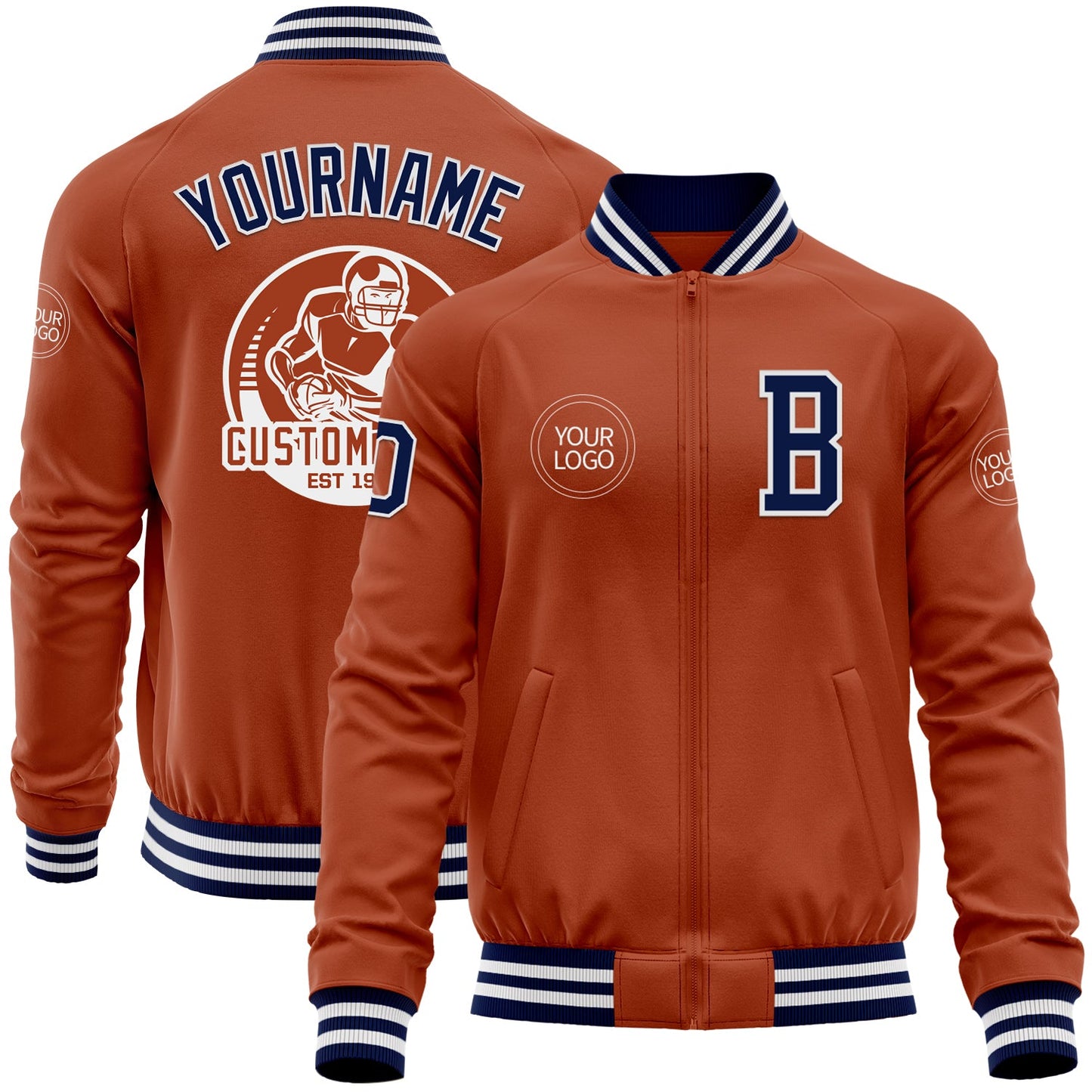 Custom Texas Orange Navy-White Bomber Varsity Letterman Zipper Jacket - Main View