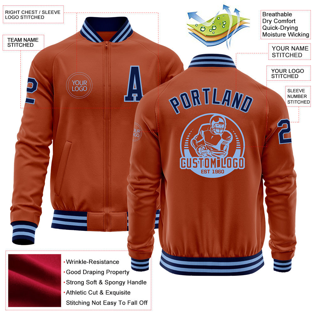 Custom Texas Orange Navy-Light Blue Bomber Varsity Letterman Zipper Jacket view 4