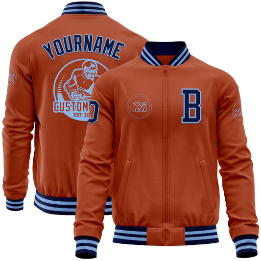 Custom Texas Orange Navy-Light Blue Bomber Varsity Letterman Zipper Jacket - Main View