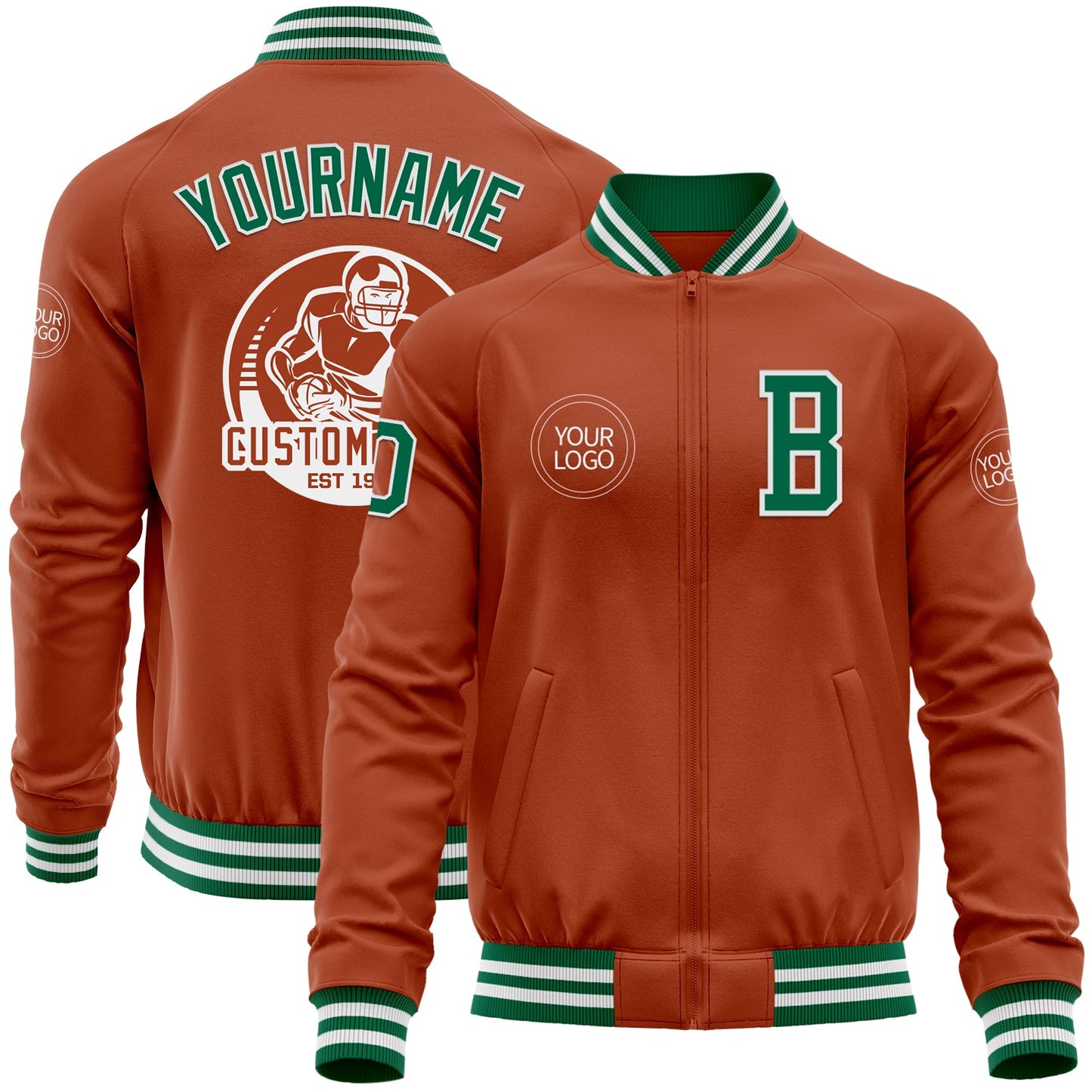 Custom Texas Orange Kelly Green-White Bomber Varsity Letterman Zipper Jacket - Main View
