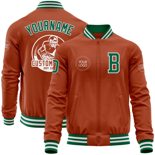 Custom Texas Orange Kelly Green-White Bomber Varsity Letterman Zipper Jacket - Main View