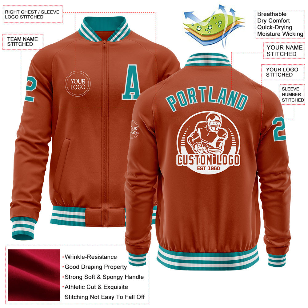 Custom Texas Orange Teal-White Bomber Varsity Letterman Zipper Jacket view 4