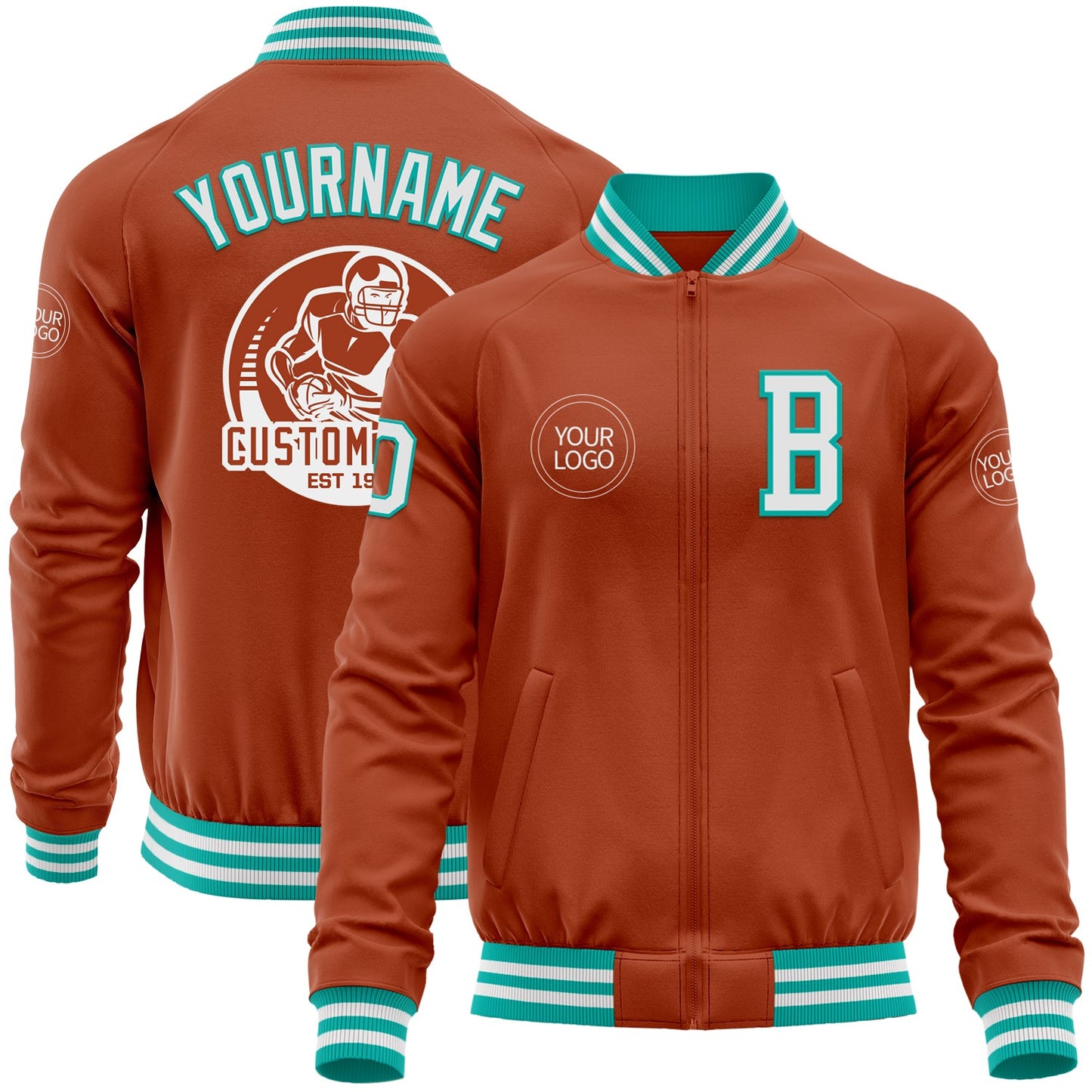 Custom Texas Orange White-Aqua Bomber Varsity Letterman Zipper Jacket - Main View