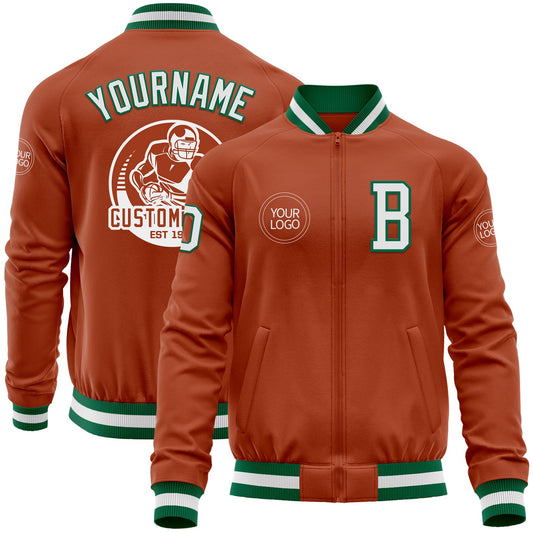 Custom Texas Orange White-Kelly Green Bomber Varsity Letterman Zipper Jacket - Main View