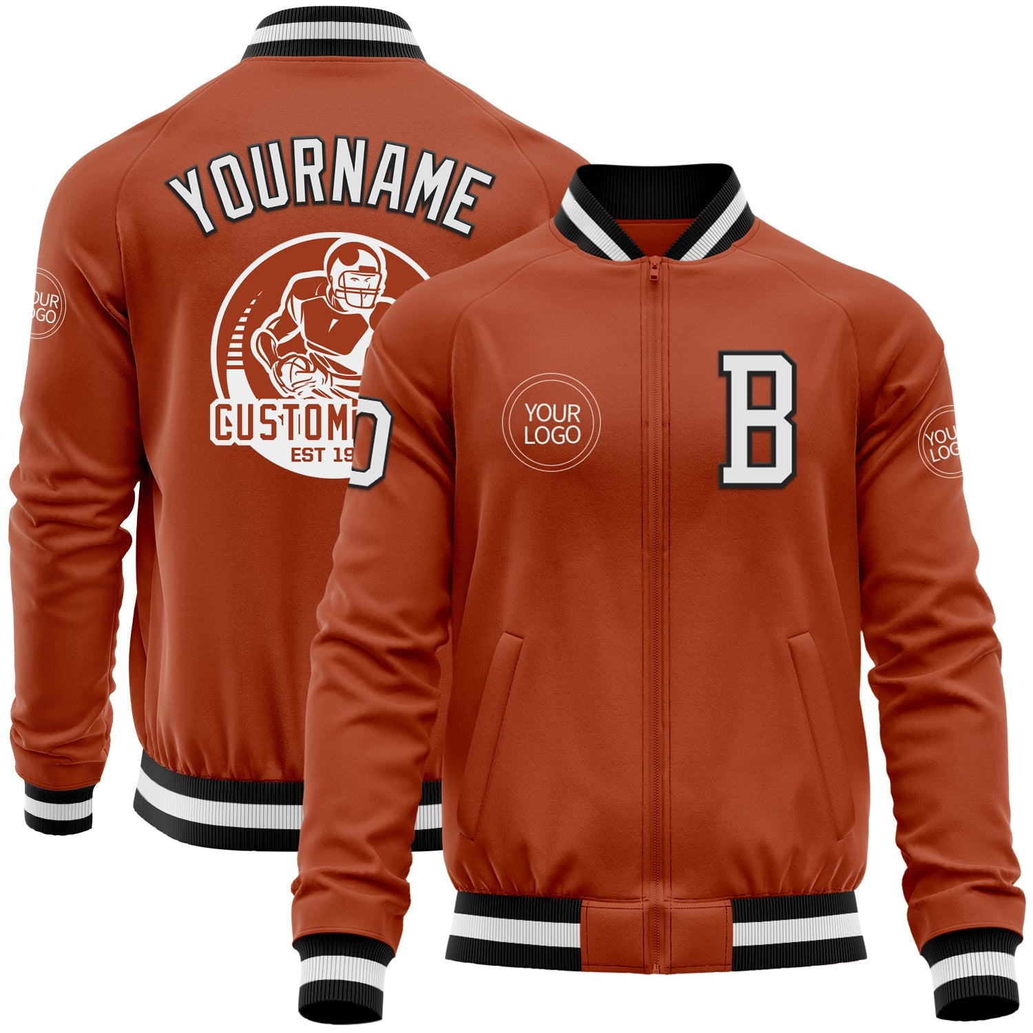 Custom Texas Orange White-Black Bomber Varsity Letterman Zipper Jacket - Main View