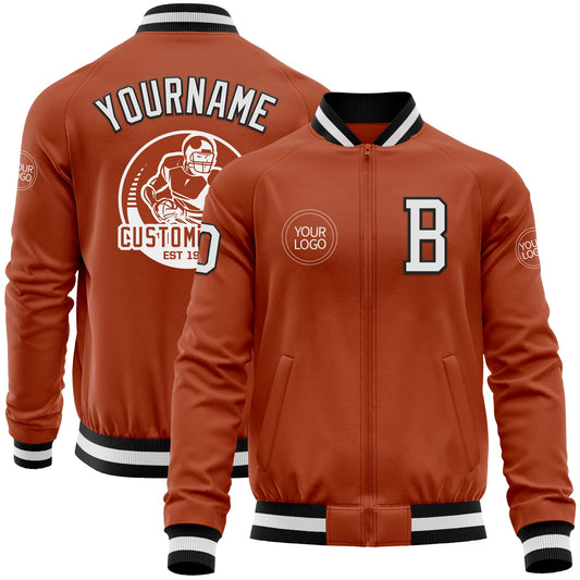 Custom Texas Orange White-Black Bomber Varsity Letterman Zipper Jacket - Main View