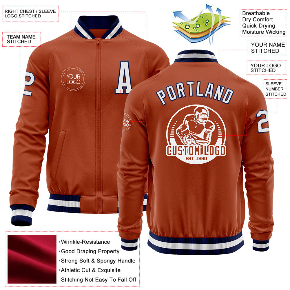 Custom Texas Orange White-Navy Bomber Varsity Letterman Zipper Jacket view 4