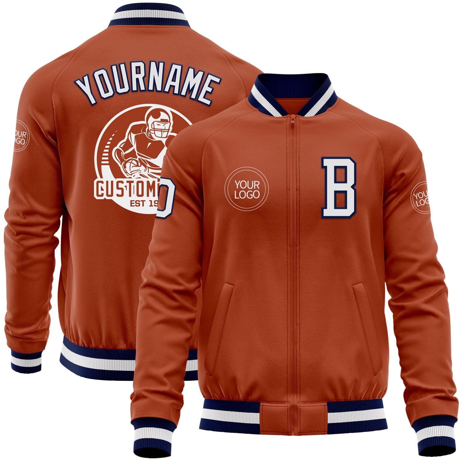 Custom Texas Orange White-Navy Bomber Varsity Letterman Zipper Jacket - Main View