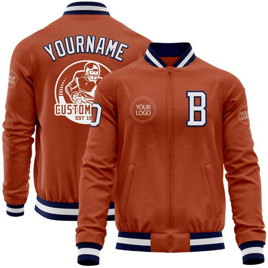 Custom Texas Orange White-Navy Bomber Varsity Letterman Zipper Jacket - Main View